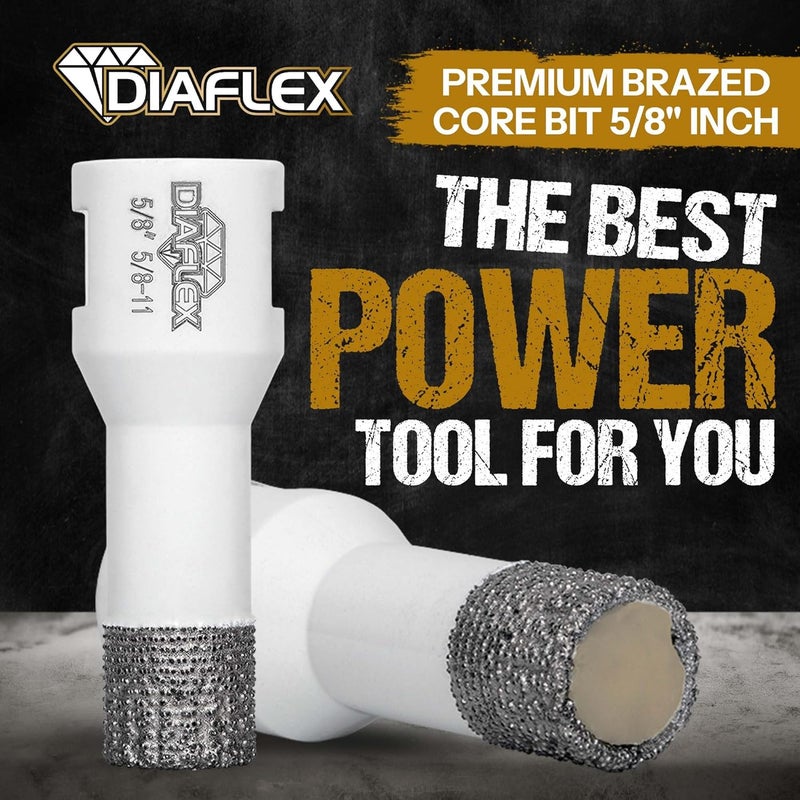 DIAFLEX Premium Brazed Core Bit – 5/8" Diamond Hole Saw for Porcelain, Ceramic, Stone, Dekton – 5/8"-11 Thread – Fast Clean Cuts – Vacuum Brazed – Wet or Dry Use - Image 2